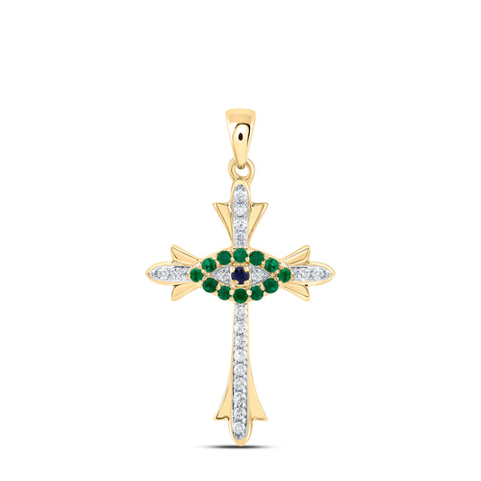 1/10CTW-NAT DIA CN 1/10CTW-RD-BS, 0.015CTW-RD-EM NAT GEM CROSS PENDANT