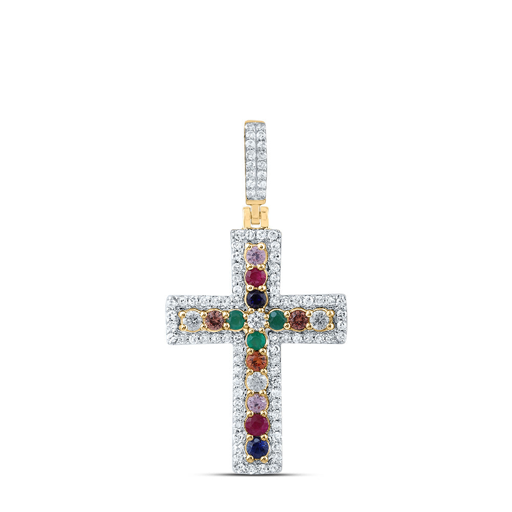 1/3CTW-NAT DIA CN 1/3CTW RD-NAT GEM MULTI CLR SAPPHIRE CROSS PENDANT