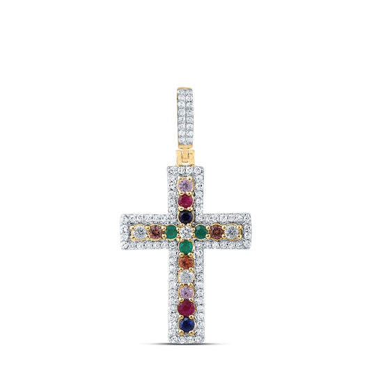 1/3CTW-NAT DIA CN 1/3CTW RD-NAT GEM MULTI CLR SAPPHIRE CROSS PENDANT